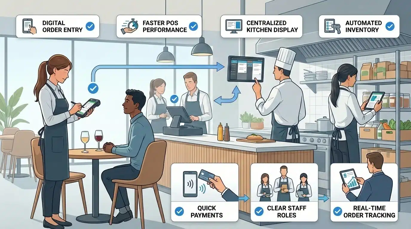 Restaurant staff using digital POS systems to streamline operations.