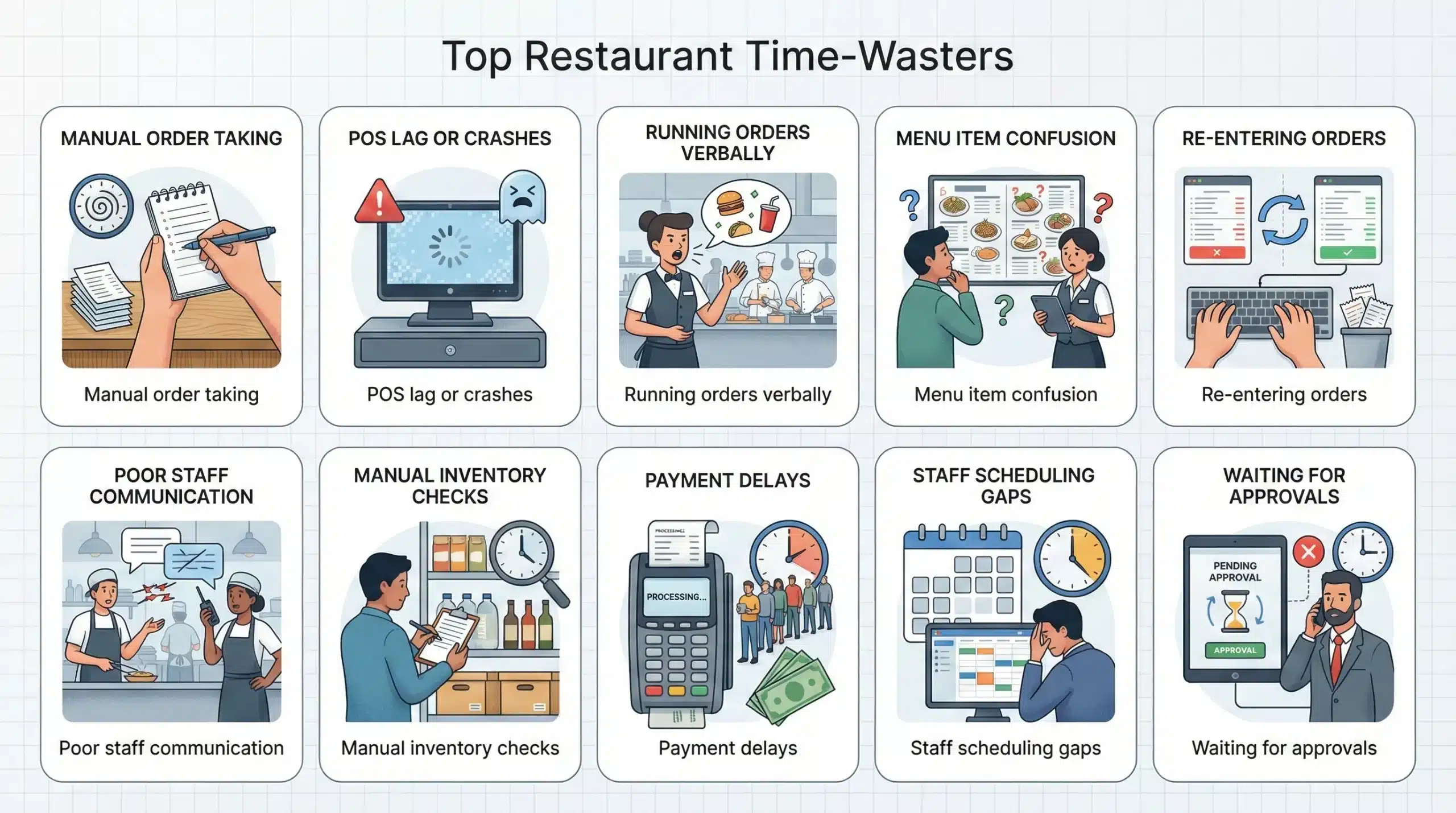 Infographic highlighting common time-wasting activities in restaurant operations.