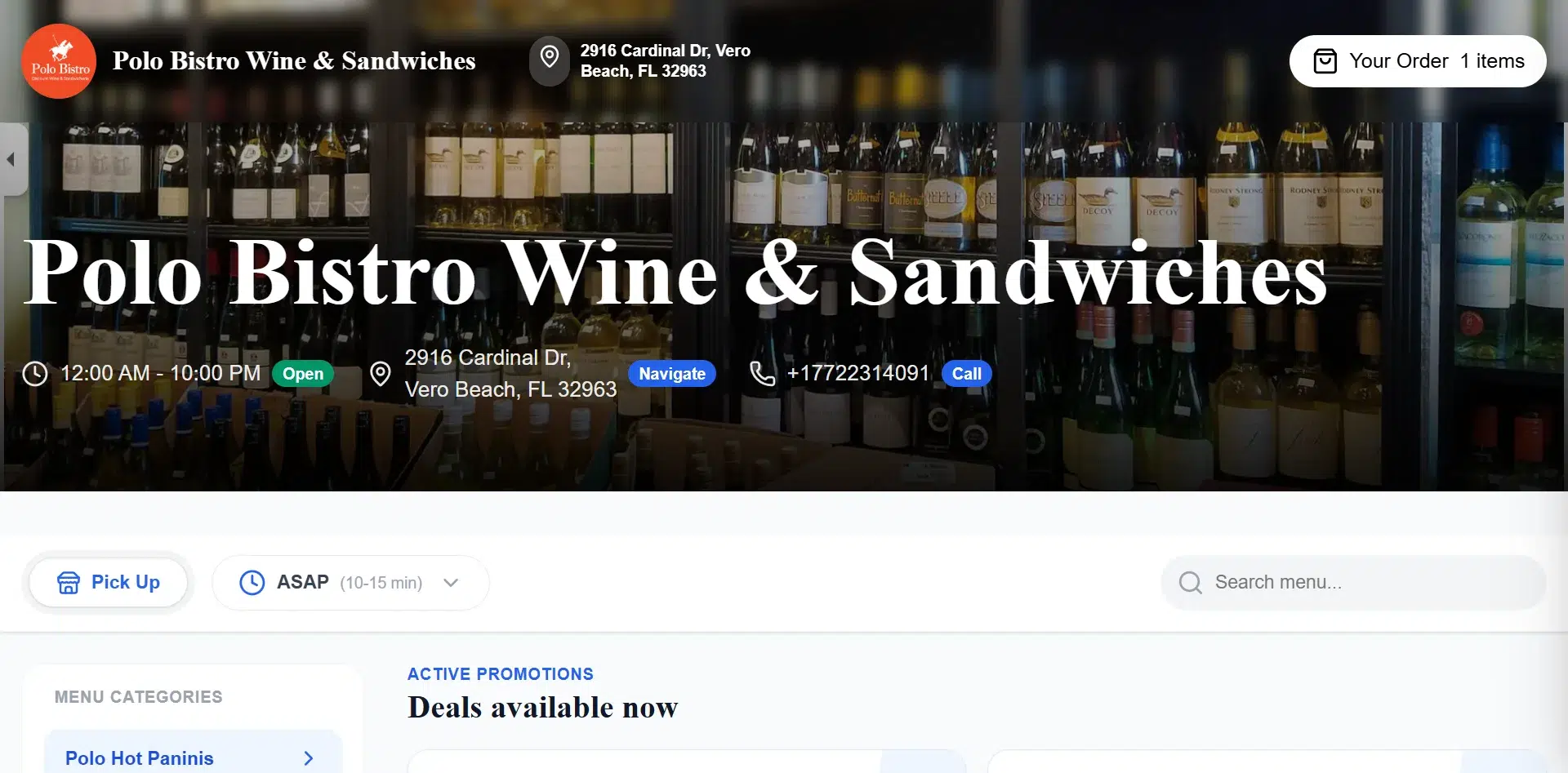 Biyo online ordering platform showing a restaurant-branded ordering page with menu categories, promotions, pickup options, and direct online ordering.