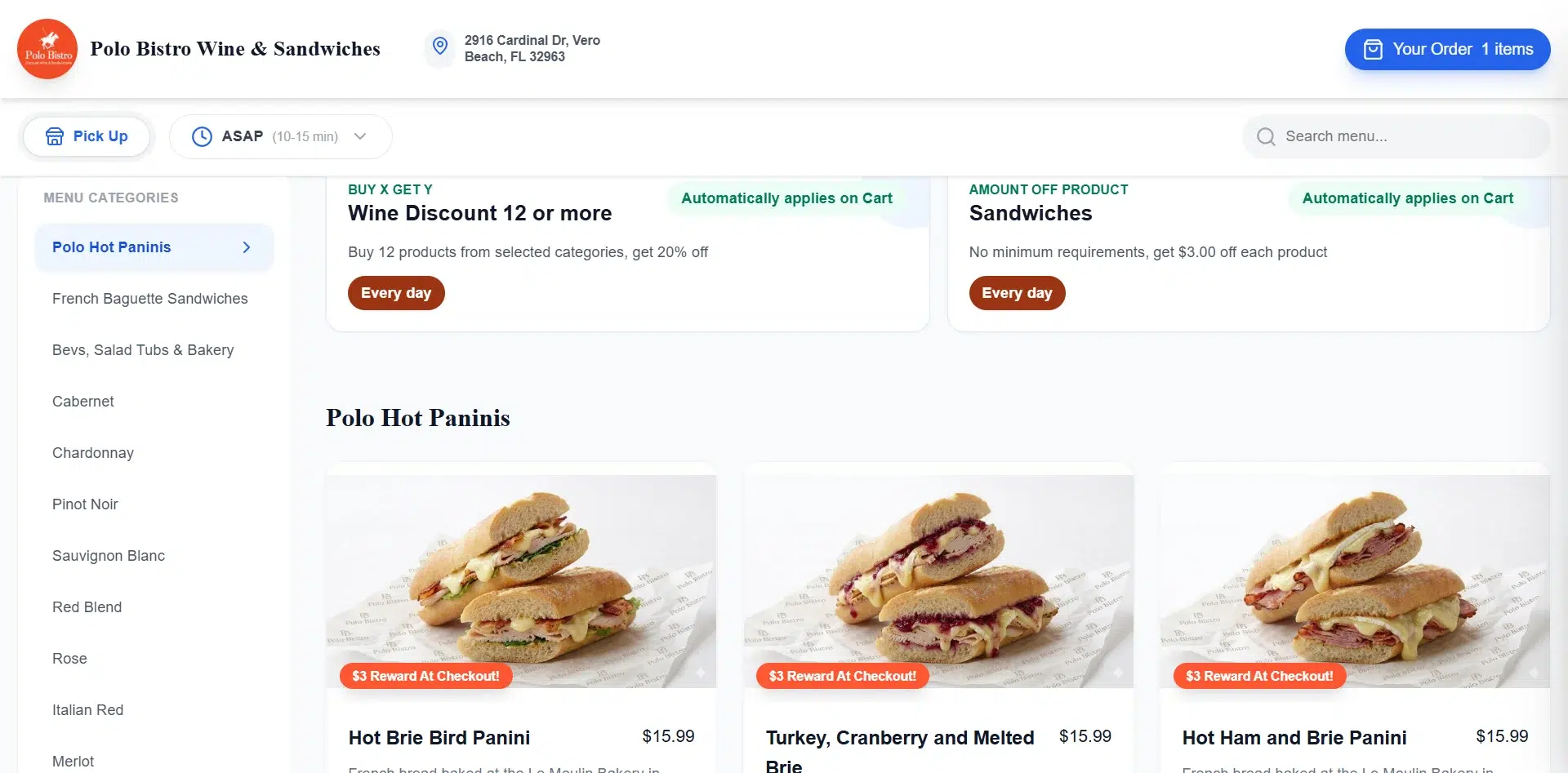 Biyo restaurant online ordering system displaying menu categories, promotional offers, product listings, pickup options, and direct online ordering functionality.