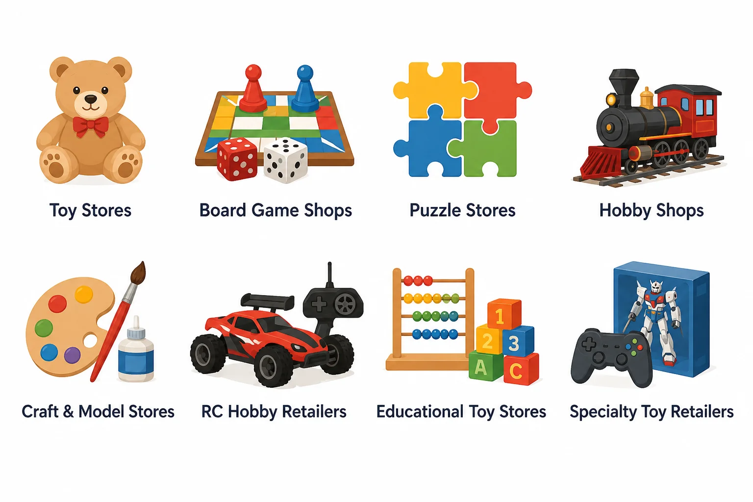 Infographic showing businesses commonly classified under MCC 5945, including toy stores, board game shops, puzzle stores, hobby shops, craft and model stores, RC hobby retailers, educational toy stores, and specialty toy retailers.
