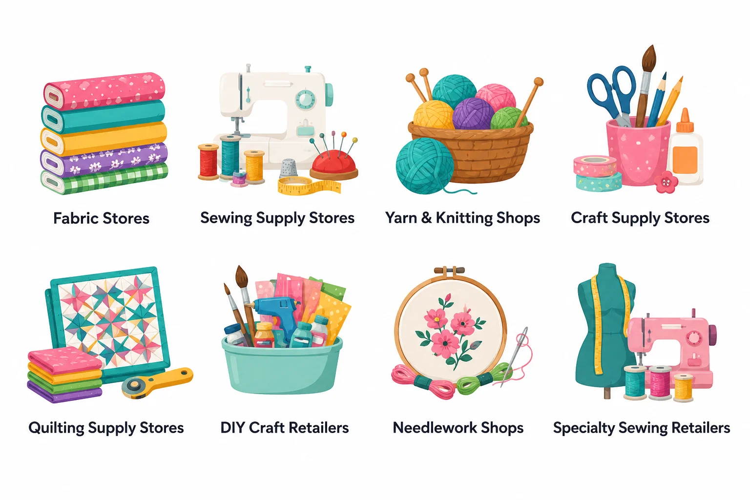 Minimal infographic showing businesses commonly classified under MCC 5949, including fabric stores, sewing supply stores, yarn shops, craft retailers, and quilting supply stores.